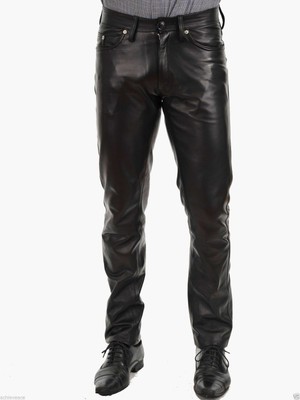 Pant Leather Jeans Style Men's Pants Men Motorbike Real Trousers Waist Black 27