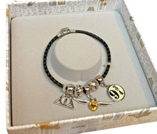 Image of Official Harry Potter Leather Charm Bracelet Silver Plated Spell beads Gift box