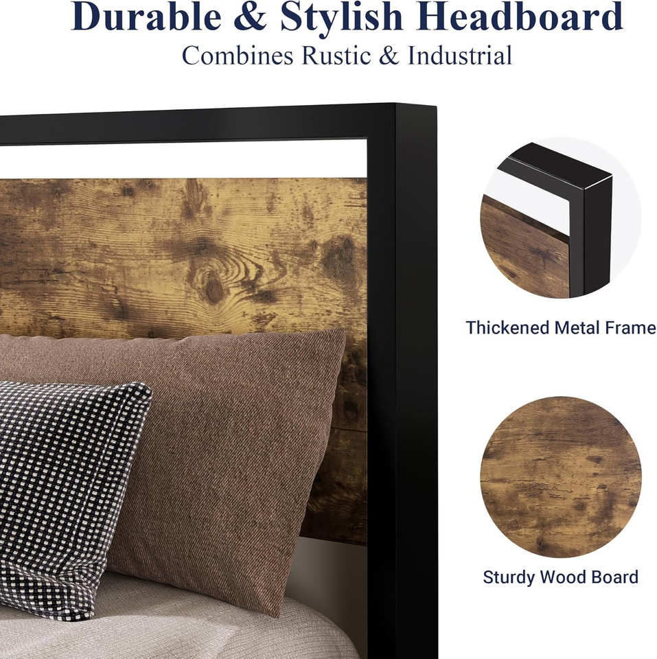 Twin Metal Bed Frame with Rustic Headboard & Footboard, Sturdy Frame