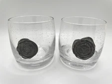Pair Double Old Fashion Bar Barware Glasses Pewter Emblem Longhorn & Horseshoe