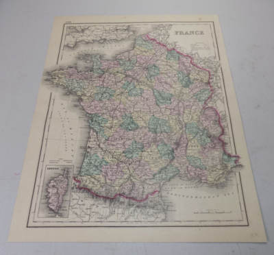 フランスアンティーク　MAP 1876 Antique Map of FRANCE, b/w GERMANY, AUSTRIA, and SWITZERLAND