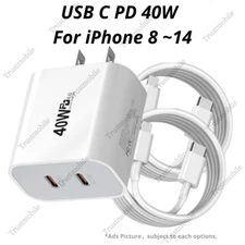 Dual PD 40W Power Adapter Fast Charger Cable For iPhone 14 13 12 11 Pro Max XR 8