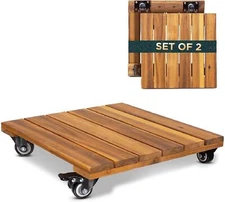 2 Pack Wood Plant Caddy 264 lbs Capacity Acacia Hardwood Lockable Wheels