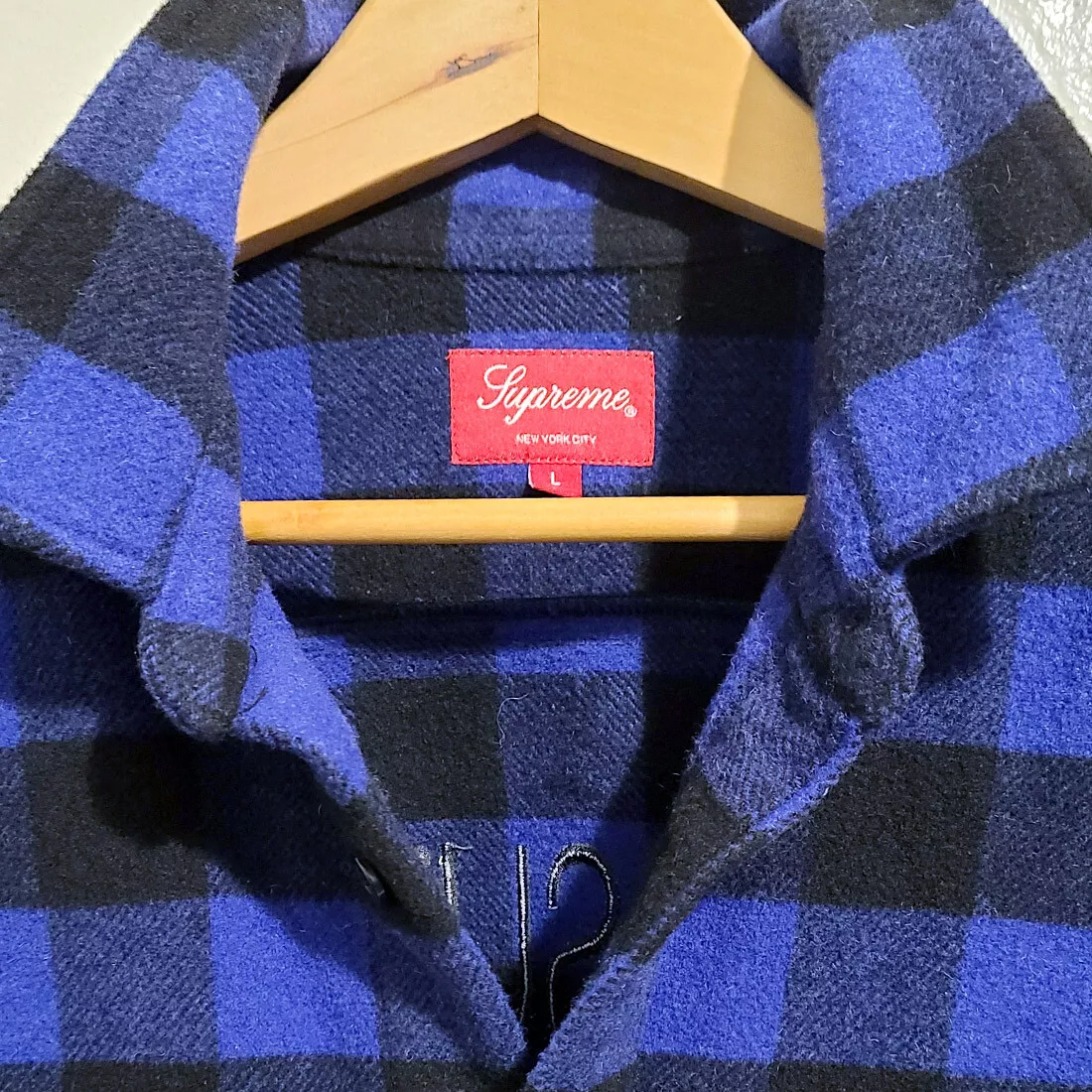 RARE Supreme Wool Blend 1-800 Buffalo Plaid Shirt Size Large Navy Black FW19