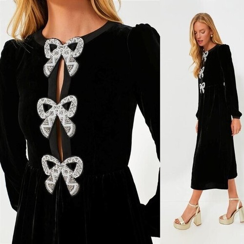 Saloni NEW Velvet Camille Bows Long Sleeve Formal Elegant Midi Dress Size 6 - Picture 11 of 11