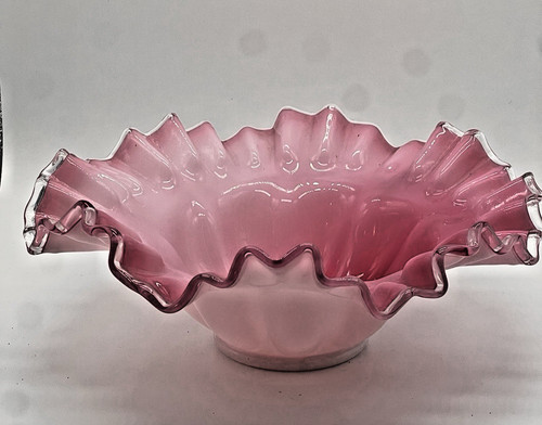 Fenton Pink Apple Blossom Crest Footed Bowl Compote Candy Dish 10.5" Vintage Gla