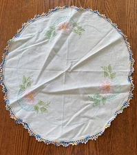 Sweet Vintage Hand Embroidered Table or Dresser Scarf Pink Flowers 16.5" Diam.