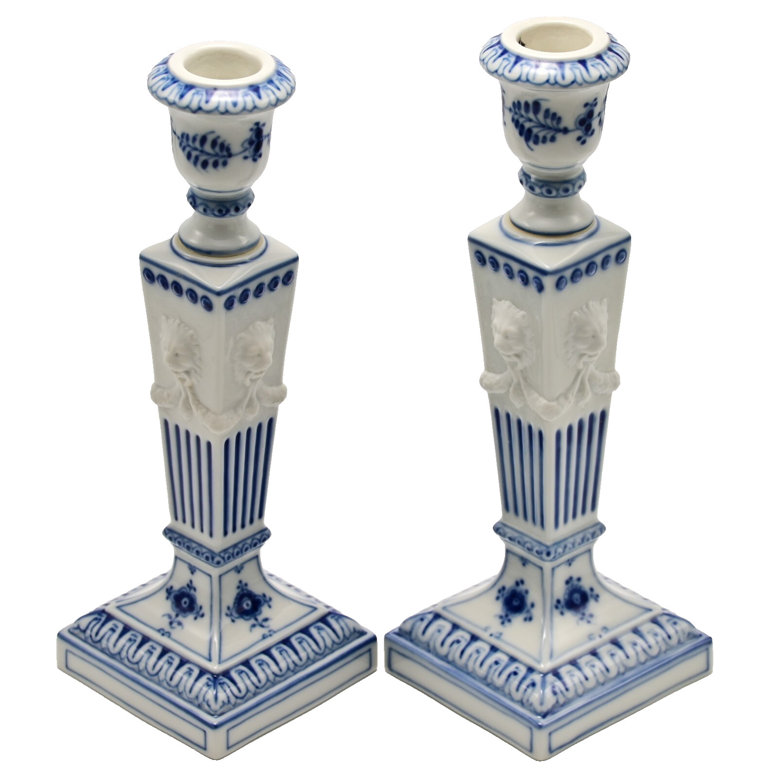 ROYAL COPENHAGEN Original Vintage Signed Fluted Porcelain Lion Head Candlesticks