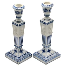 ROYAL COPENHAGEN Original Vintage Signed Fluted Porcelain Lion Head Candlesticks