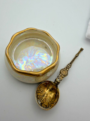 Antique Queen Elizabeth II Coronation Anointing Silver Spoon Belleek Salt Cellar