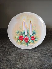 Vtg Ucagco Signed Christmas Plate Candles And Handpainted Shiny Ball Ornaments 