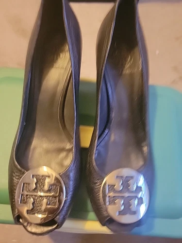 TORY BURCH scarpe donna nere in pelle con zeppa stile slip on logo metallo argento 9 5M
