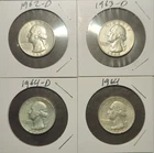 1962-D, 1963-D, 1964, 1964-D Washington Quarters 90% Silver Four 4 coins total