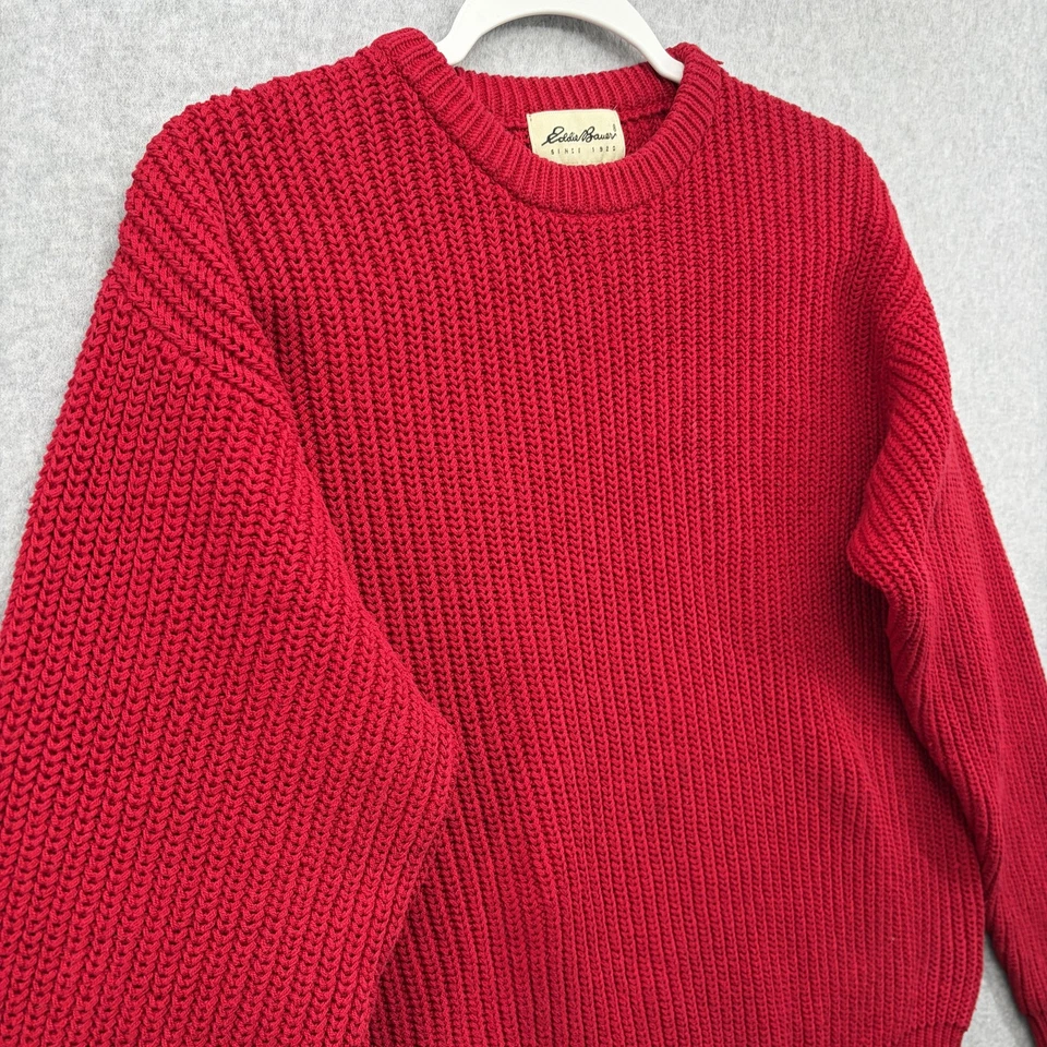 Suéter Eddie Bauer Tejido Acanalado Cuello Redondo Para Hombres Mediano Rojo Grueso Algodón Peso Pesado Foto 3 de 4