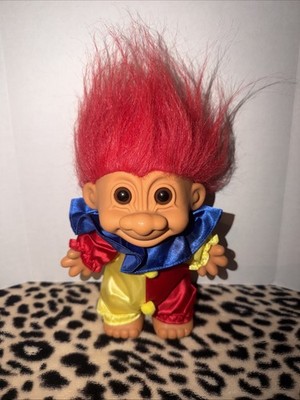 Vintage Russ Troll 8'' Doll Clown Red Yellow Outfit with Blue Ruffle Red Hair