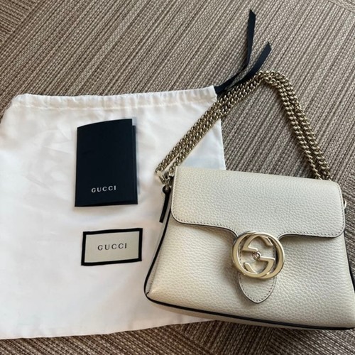Authentic GUCCI Interlocking G Ivory Leather Small Shoulder Handbag Gold HW Clea