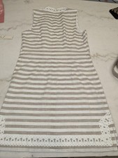 Eliza J Women’s Linen Shift Dress Size 8 NWT Beige White Striped Eyelet Trim Lin