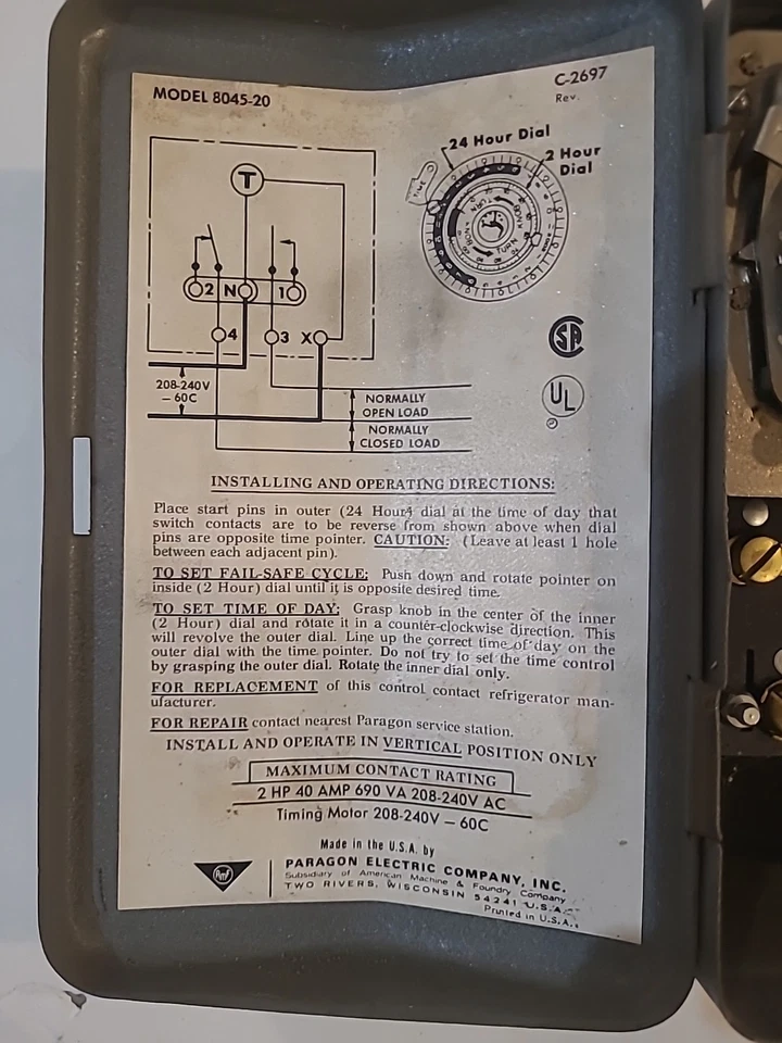 Control de tiempo Paragon modelo 8045-20 D-Frost-O-Matic A-355-20  Foto 3 de 4