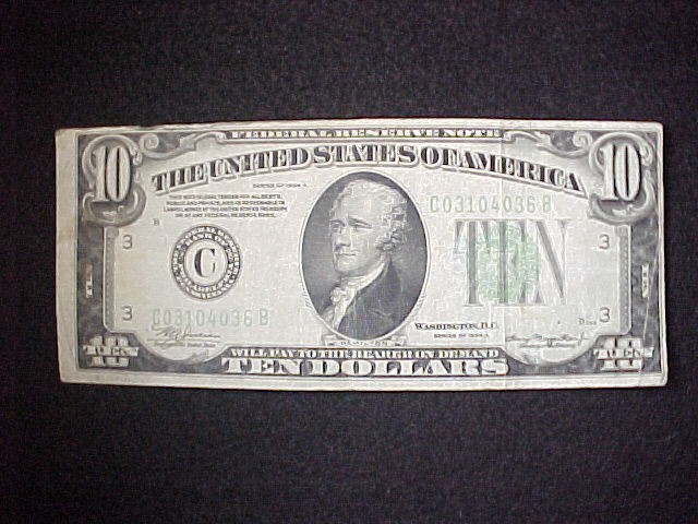 1934 Series A 10 Dollar Green Seal Error Note