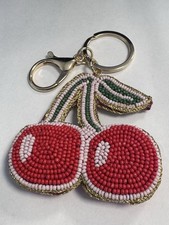 Haute Hippie Hand Beaded Cherry Bag Purse Charm Key Chain Red Cherries Gold Tone