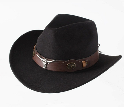 Black Wide Brim Western Cowboy Hat with Brown Band and Metal 