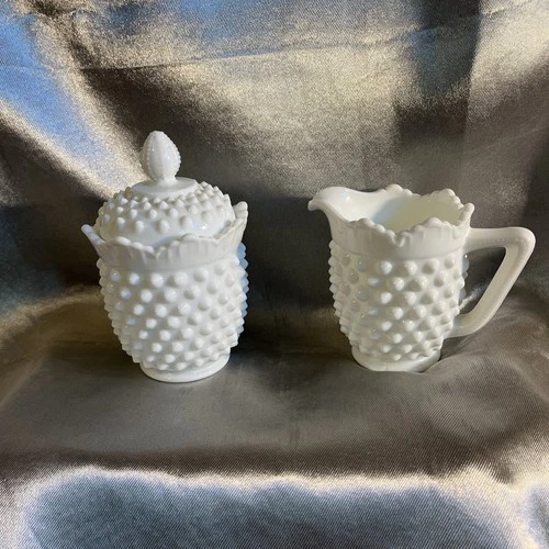 Vintage Fenton Milk Glass Hobnail Cream and Sugar with Lid All Pieces Marked