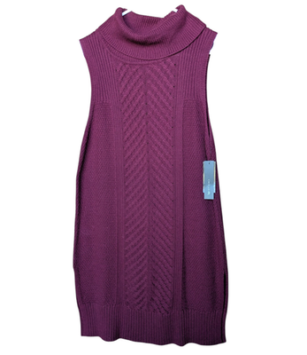 NEW AB Studio Purple Sleeveless Sweater Dress L Side Slits Cowl Neck Cable Knit