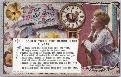Vintage Postkarte Auld Lang Syne Bamforth England Uhr Dame