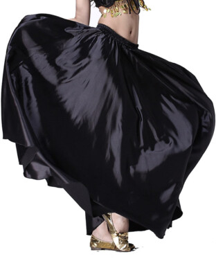 MUNAFIE Belly Dance Black Satin Skirt Arabic Shiny Fancy Full Skirt US 0-14 NEW