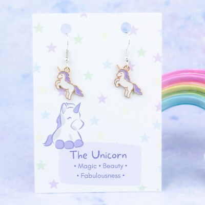 Purple Unicorn Charm Earrings, Whimsical Jewellery, Fairy Tale, For Pierced Ears
