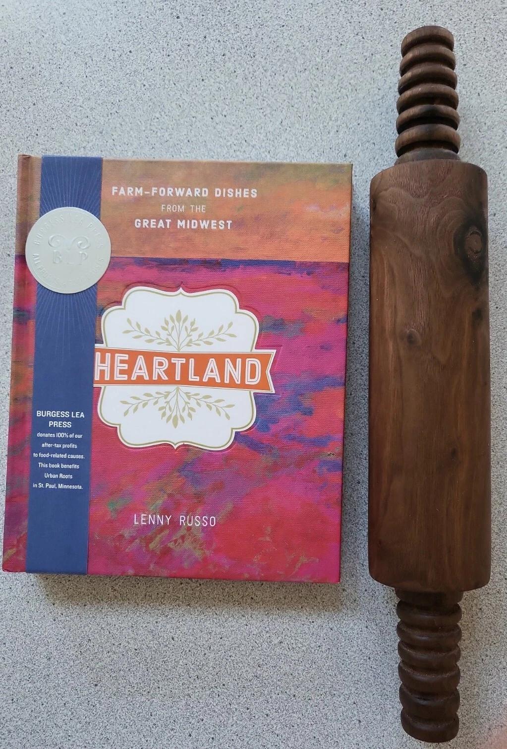 Artisan signed : WALNUT ROLLING PIN w/ Heartland Midwest food Cookbook by Russo