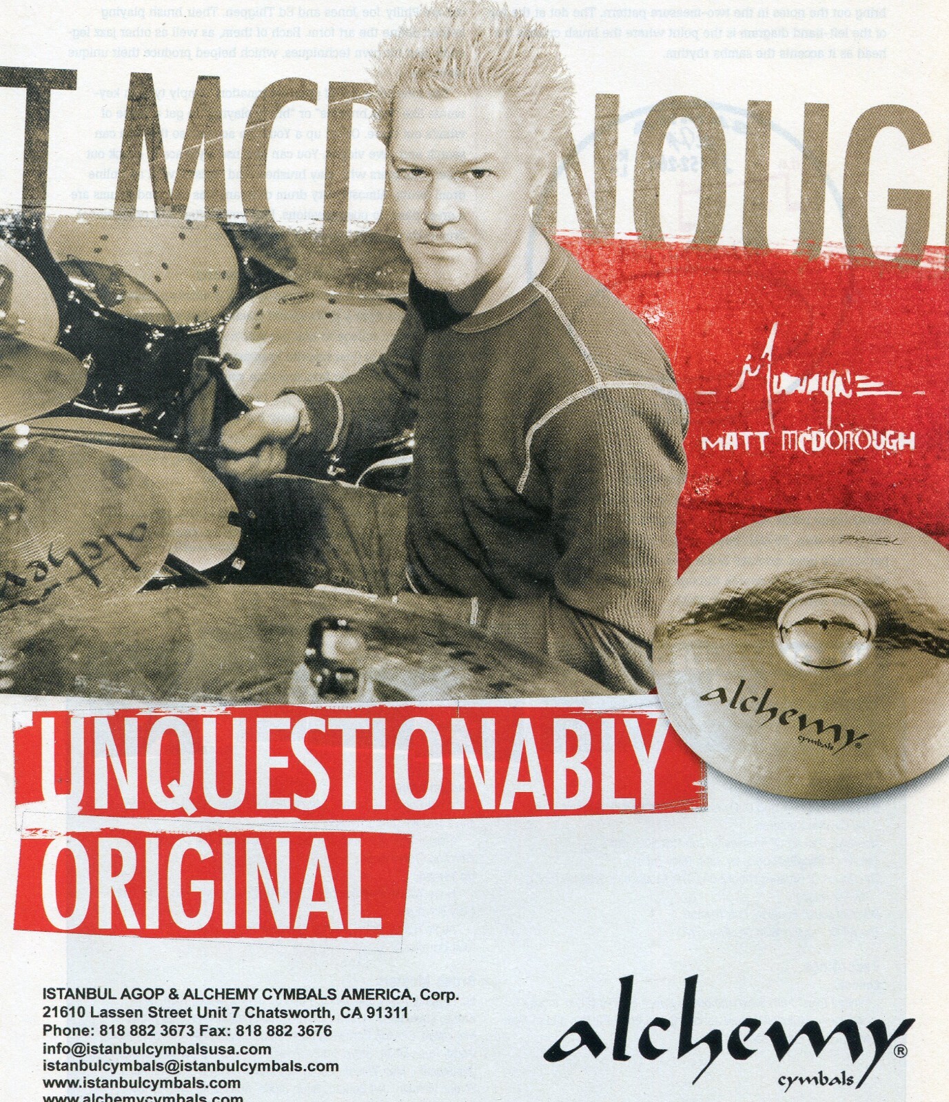 2008 Print Ad of Istanbul Agop Alchemy Drum Cymbals w Matt McDonough of