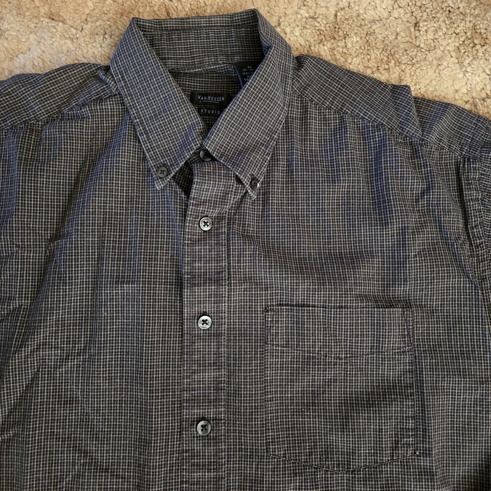 Camisa de vestir Van Heusen para hombre manga larga con botones negra a cuadros talla 15-15 1/2 Foto 3 de 4