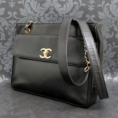 CHANEL Lamb Skin Leather Black CC Logo Chain Shoulder Bag Tote Bag #2712 Rise-on