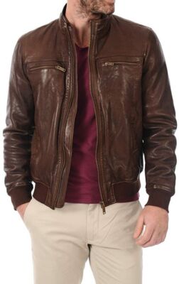 Men Vintage Waxed Brown Leather Jacket Biker Motorcycle Genuine Lambskin Jacket