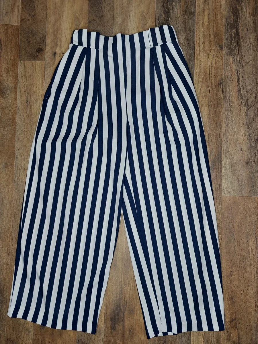 Zara Basic Pants Womens XS Striped Pull On Wide Leg Pants Navy White Wide  Stripe