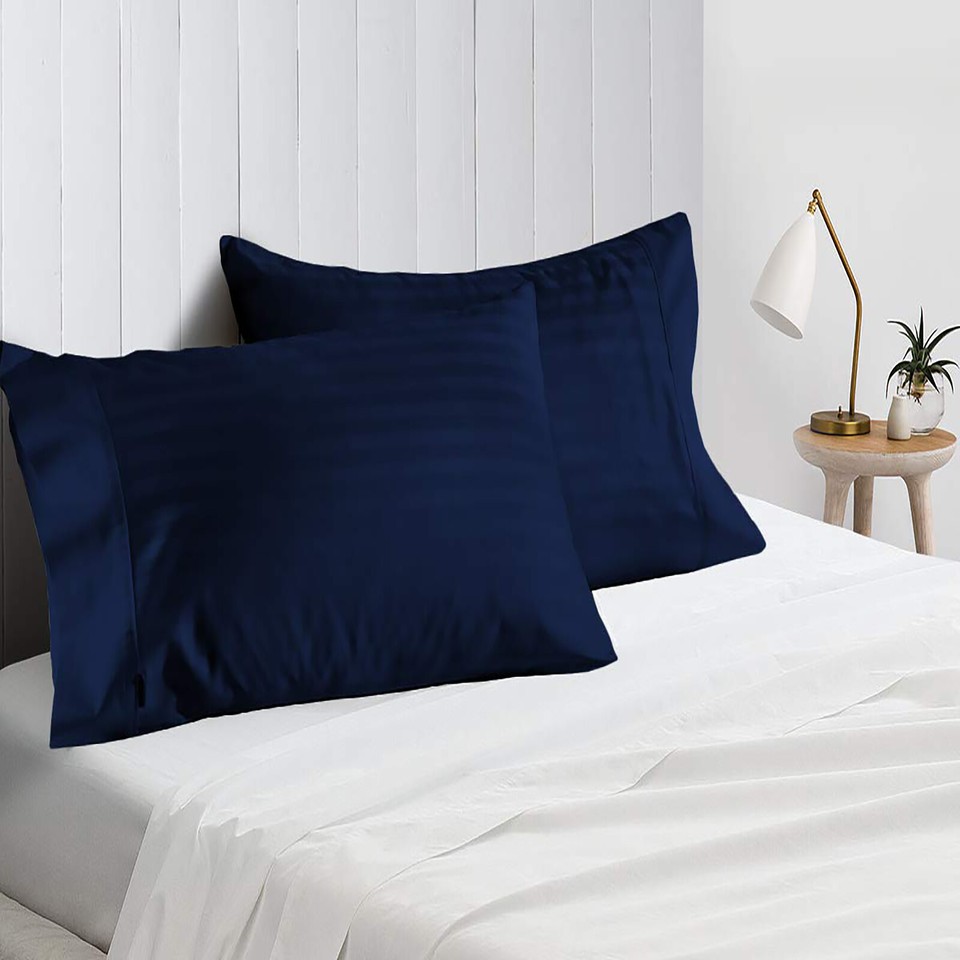 1000 TC OR 1200 TC 100 Cotton Navy Blue Bed Sheets Stripes High Deep