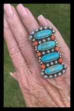 NAVAJO ~ORANGE SPINY ~KINGMAN TURQ~4 STONE RING ~SS~ELOUISE RICHARDS