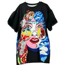 PAO-M Women’s Peace & Love Lady Graphic Print Mimi Shirt Dress Black Size L