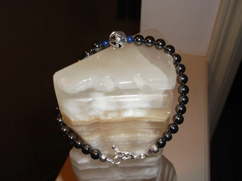 PULSERA HOMBRE HECHA A MANO 9" 8 MM HEMATITA NEGRA/AZUL LAPISLÁZULI/SS CUENTAS FOCALES Foto 3 de 4