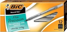 BIC Round Stic Xtra Precision Black Ballpoint Pen Fine Point (0.8mm), 12-Count