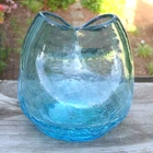 Vintage Blenko Hand Blown Mini Pinched Crackle Blue Glass 3.5" IVY VASE #39 EUC