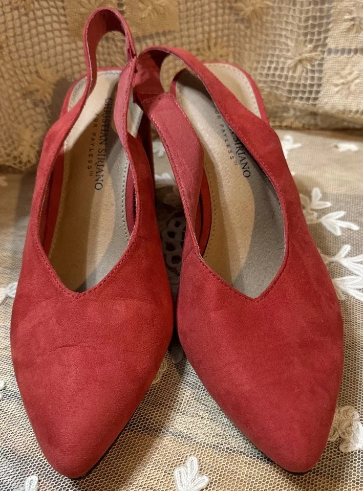 Christian Soriano Palmer Tacón Grueso Rojo Gamuza Eslinga Zapato de Bomba para Mujer Talla 8” Foto 3 de 4