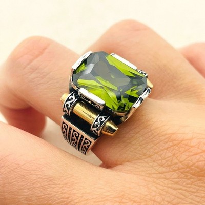 Ottoman Style Peridot Men's Ring 925 Sterling Silver Handcrafted Ring Duty free