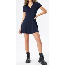 Cider Collar Ruffle Knitted Mini Skater Polo Tennis Dress Blue Size Medium