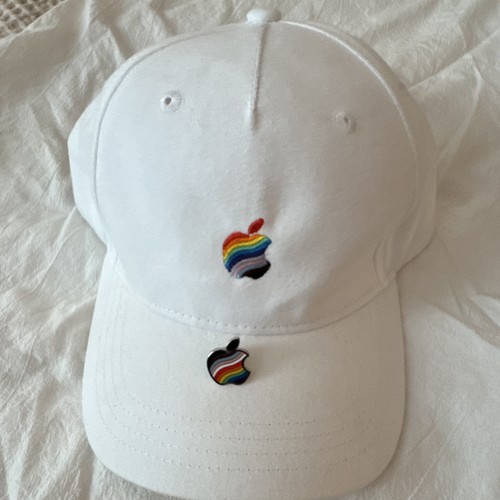 Apple White Baseball Cap Hat w/ Rainbow Logo Embroidery + Rainbow Apple Pin