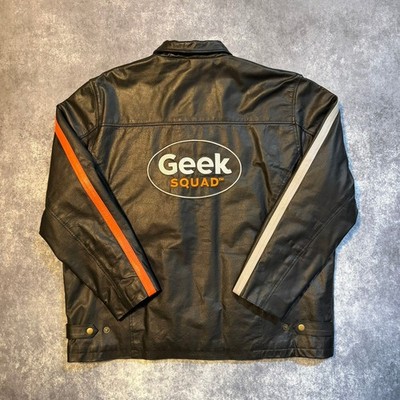Geek Squad Mens XL Genuine Leather Jacket Black Racing Stripe