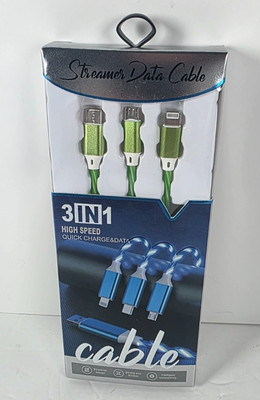3 IN 1 Quick Charger Cable Green LED Flowing Streamer