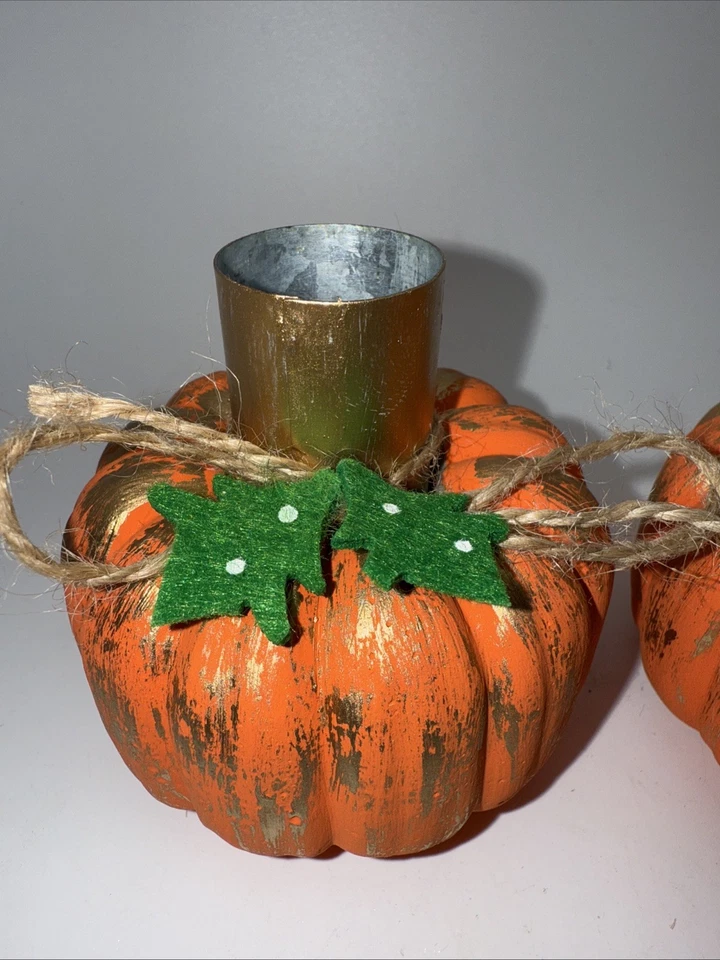 Mudpie Painted Concrete Pumpkin Taper Candle Holder Set Of 2  3”Hx 3”W - Image 4 of 4