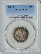 1861-S 25c PCGS VF20 QUART DE LA LIBERTÉ ASSIS * date difficile * #33226855